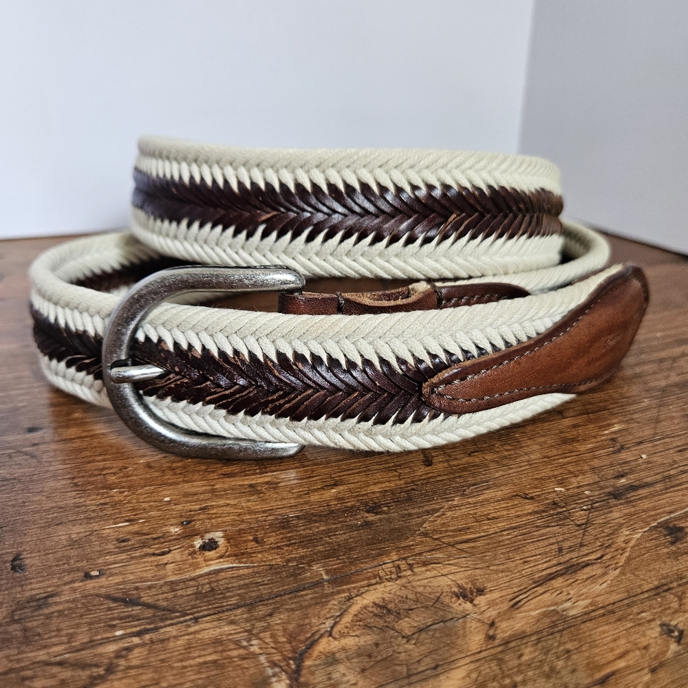 Tommy Bahama Brown Leather and Cream Cord Woven Belt Mens L 38-40 - Picture 3 of 10
